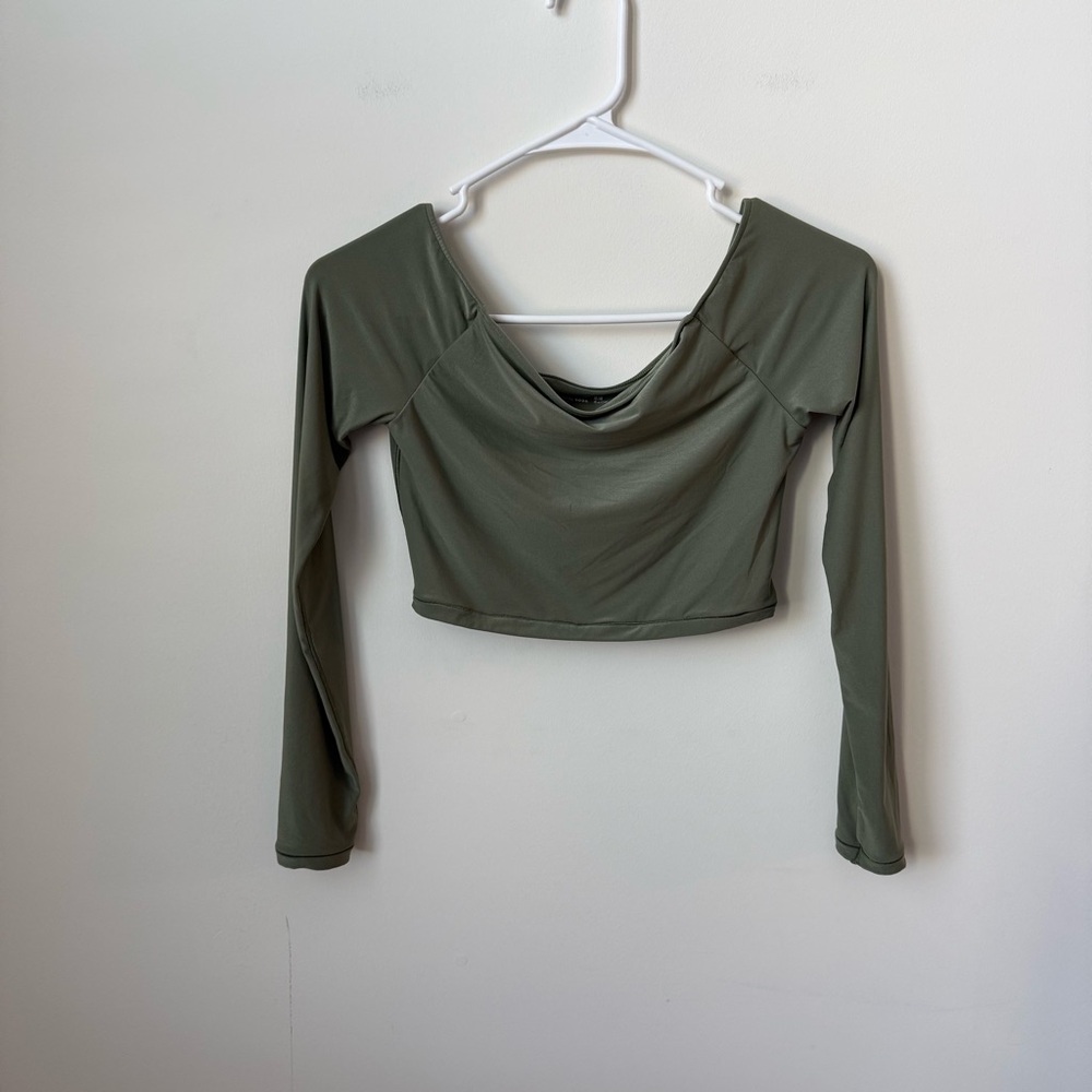 Smoothez by Aerie Off The Shoulder Long‎ Sleeve Crop Top Green Size Medium